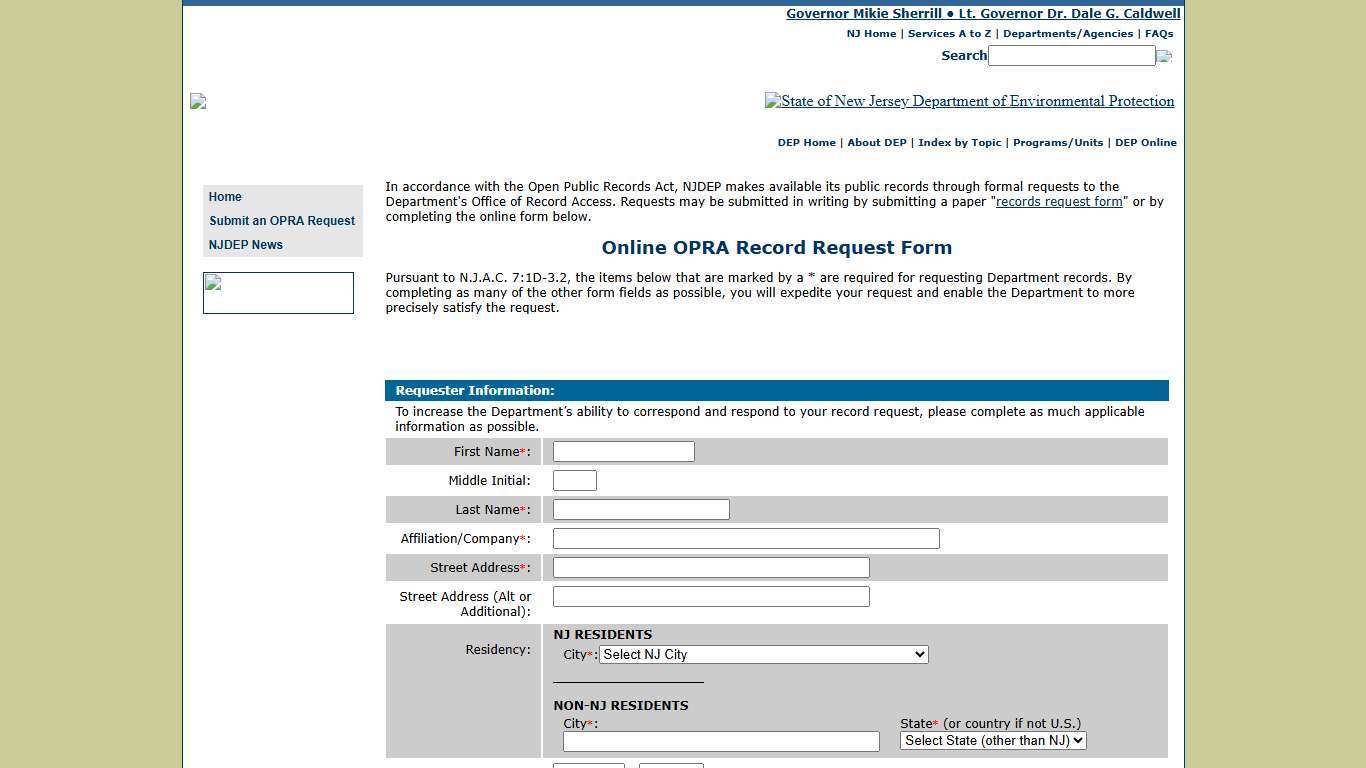 NJDEP Open Public Records Act Online OPRA Record Request Form