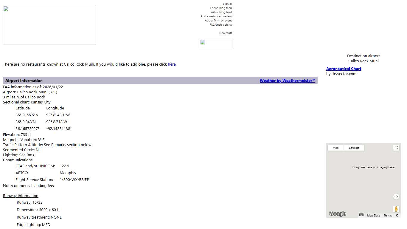 fly2lunch.com Calico Rock Muni Restaurant & Airport Information